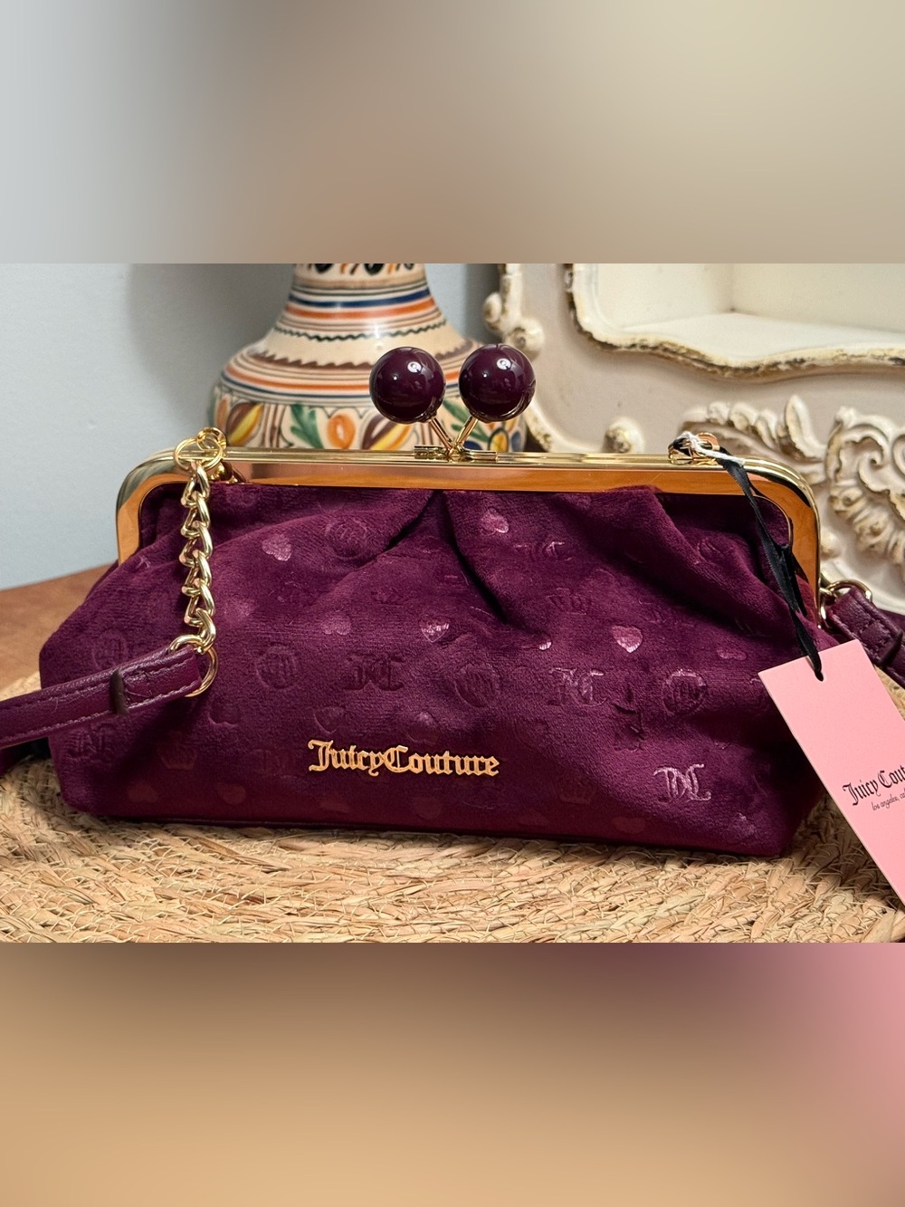 Juicy Couture Plum Velvet Kiss-Lock Frame Clutch with Gold Logo